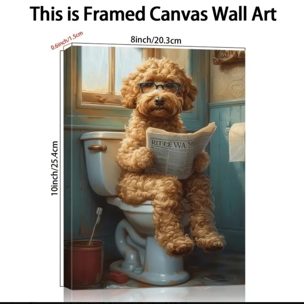 Framed canvas wall art with dog reading newspaper